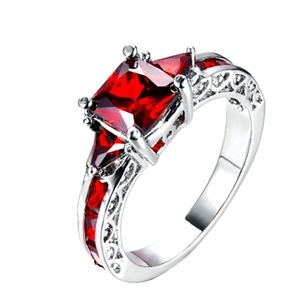 Size 8 Silver Tone Red Square Gemstone Band Ring